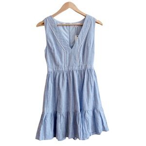 BB Dakota Blue Striped Dress 2 It's a Date Linen Cotton Sleeveless Ruffle V-Neck